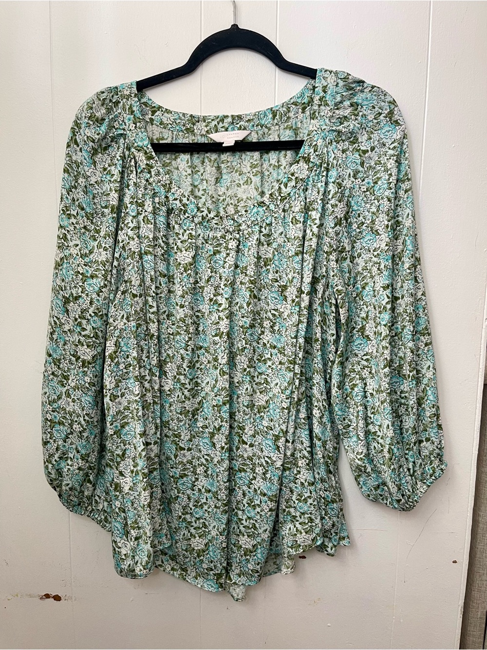 LC Lauren Conrad Green and Blue Floral Peasant Blouse V-neck Sz XXL